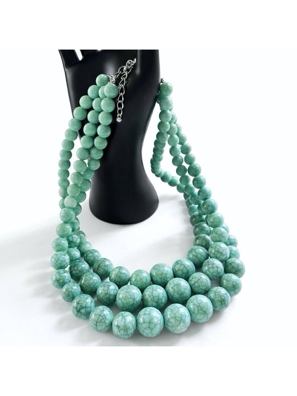 Bold Faux Turquoise Triple Strand Necklace Turquoise Green Statement 18-21”